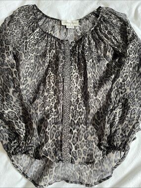 Fifteen Twenty sheer leopard print 100% silk lightweight flowy blouse sequins